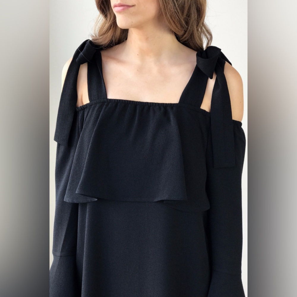 Like New Ganni Clark Black Tie Shoulder Blouse Bell Sleeve Cold Shoulder Bow